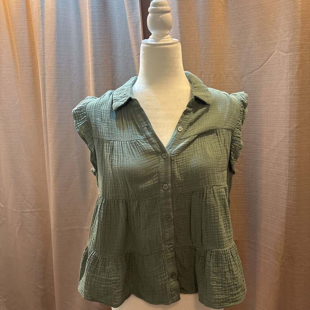 Francescas Elisha Ruffle Gauze Babydoll Blouse Ruffle Sleeve Green medium